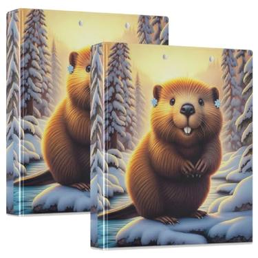Imagem de Fichários engraçados de animais castores fofos de 3 cm com 3 anéis para guardar 200 folhas, pastas extravagantes, portfólio, anel redondo, fichário de escritório, 31,5 x 27 x 6 cm, 1 pacote