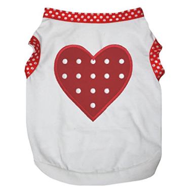 Imagem de Petitebella Camiseta para cachorro com coração de bolinhas vermelhas (bainha branca/vermelha com bolinhas, pequena)