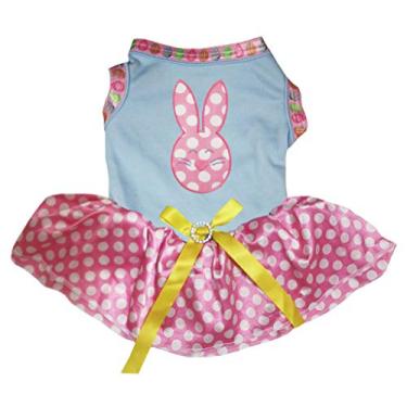 Imagem de Petitebella Vestido de cachorro com estampa de coelho de bolinhas (azul/rosa, GG)