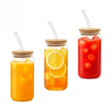 Imagem de Kit 1/2/3/4 Copos de Vidro 500ml com Tampa de Bambu e Canudo Reutilizável – 18 * 6.5cm, Passeios ao Ar Livre e Reuniões com Amigos(3 Unidades)