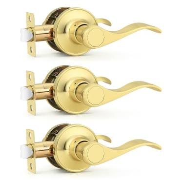 Imagem de Probrico Puxadores de porta interiores, alavanca de porta de passagem de latão polido, maçaneta de porta de corredor de armário, estilo ondulado, pacote com 3