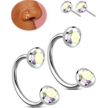 Imagem de OUFER 2 argolas de nariz de aço cirúrgico 316L com pedras duplas, 20 g anéis de nariz de ferradura sem rosca para mulheres e homens, hélice de sobrancelha de lábio de septo, joia piercing de torre