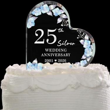 Imagem de Topo de bolo de prata 25º aniversário de casamento, bloco de acrílico de coração de flores azuis cristais, decoração de bolo elegante "25 anos" e presente de lembrança para casais (10 cm)