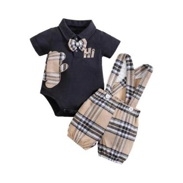 Imagem de Conjunto De Macacão De Urso Xadrez Para Bebês Meninos Com Suspensórios