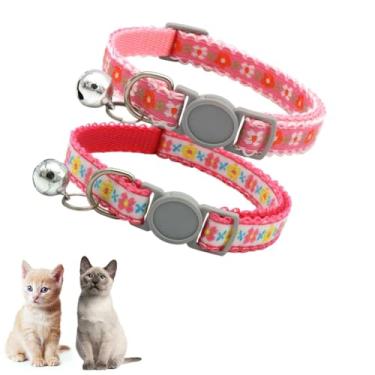 Imagem de Pacote com 2 coleiras para gatos com sinos, coleiras de flores rosa-choque rosa para gatos, fivela de segurança, coleiras de gatinho com sinos, fofo, menino chique, fêmea, para XXS XS, pequenos