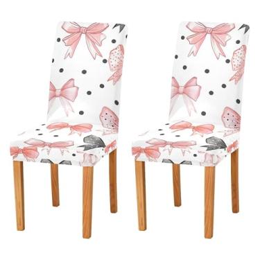 Imagem de SEHANY Conjunto de 4 capas de cadeira com laço de bolinhas rosa para sala de jantar, elástico, removível e lavável, para cozinha, hotel, festa, Natal