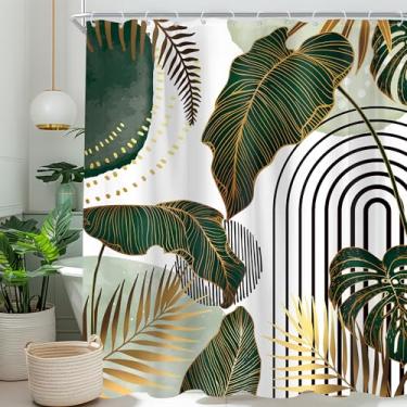 Imagem de Cinbloo Cortina de chuveiro verde Boho 72Wx84H extralonga meados do século abstrato moderno minimalista tropical monstera esmeralda ouro folha de palmeira planta conjunto de cortina de banheiro