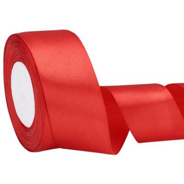 Imagem de EUSOAR Fita vermelha, 1 rolo de 3,8 cm x 25 m, fita de cetim de tecido, fitas de seda sólida para artesanato, embrulho de presente, buquês de flores, convite feito à mão, decoração de cabelo, laço