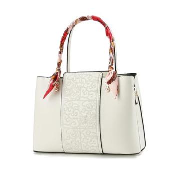 Imagem de NICOLE & DORIS Bolsa feminina moderna elegante de couro PU bordado requintado bolsa de ombro feminina, Branco, Large