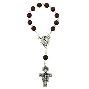 Imagem de Vatican Imports Rosário de uma década com contas de mancha de mogno | Crucifixo de San Damiano e Medalha de São Francisco | Ótimo presente católico para a primeira comunhão e confirmação | Feito na