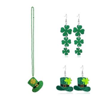 Imagem de QLUYCKW Conjunto de brincos de colar de dia de São Patrício para mulheres, moda, verde, trevo de três folhas, brincos com pingente de trevo boa sorte, dia de São Patrício, acessórios de férias, joias