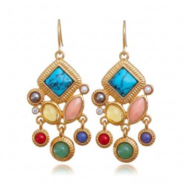 Imagem de Brincos femininos boêmios com pingente de gota de pedra multicolorida, tom dourado com turquesa, rosa coral, amarelo, vermelho, verde, roxo, estilo lustre, 5,5 cm x 2,5 cm, Large, Zinco, Sem pedra