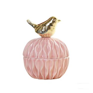 Imagem de Caixa de joias de cerâmica Lovebirds, caixa de lembrança redonda rosa com tampa de pássaros do amor para brincos de anéis, organizador de vaidade romântico para namorada, ideal para presentes de dama
