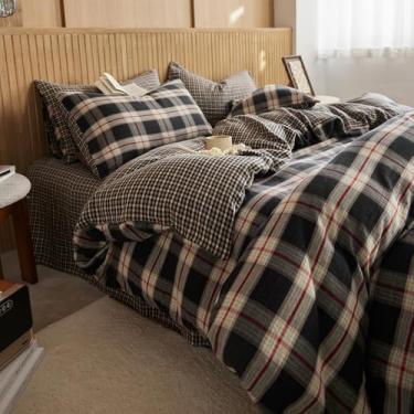 Imagem de EAVD Conjunto de edredom queen vintage preto guingão, macio, 100% algodão musselina, vermelho, verde, quadriculado, xadrez, com 2 fronhas, casa de fazenda, reversível, preto para todas as estações