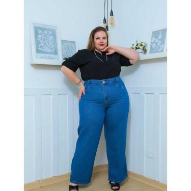 Imagem de Calça Jeans Feminina Plus Size Azul Royal Wideleg Cintura Alta 