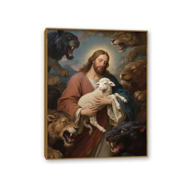 Imagem de Arte de parede em tela Jesus e Cordeiro O Leão de Judá Pictures Decoração de parede Jesus Cristo Impressão para sala de estar Igreja Sala de Oração Decoração de casa 50x40 cm Moldura dourada