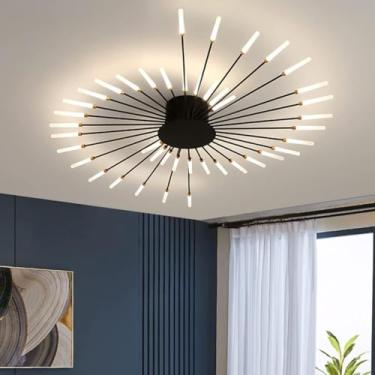 Imagem de Luminária de teto LED criativa com fogos de artifício, moderna e dimerizável, com 42 lâmpadas em formato de chama, temperatura de cor de 3000 a 6000K, controle remoto, ideal para quarto, sal