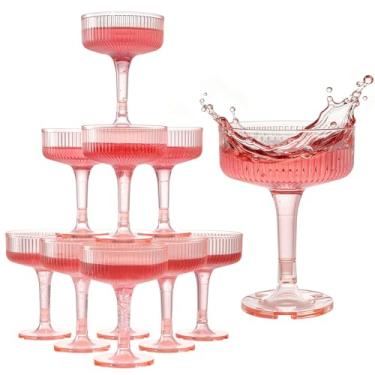 Imagem de Goodluck Torre de champanhe de 3 camadas - 10 peças de taças de champanhe de plástico rosa de 200 ml, formato de borboleta com listras verticais para casamentos, celebrações, festas e aniversários