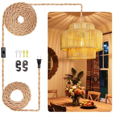 Imagem de Candeeiros pendurados em vime - cabo de plugue de 5 m, luminária pendurada, plugue na tomada de parede, iluminação pendente com interruptor liga/desliga para sala de estar no quarto (persiana)