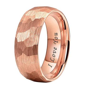 Imagem de TUTISS Anéis de carboneto de tungstênio martelados em ouro preto e ouro rosa, 6 mm, 8 mm, para homens e mulheres, alianças de casamento com gravação "I Love You", ajuste confortável, Metal não