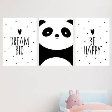 Imagem de Kit 3 Quadros Panda Dream Big Be Happy 33X24Cm Com Vidro