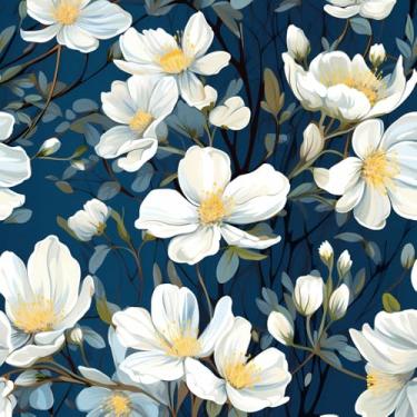 Imagem de COKCOKR Papel de parede floral minimalista branco 17,71 x 300.0 cm Papel de parede de fundo azul para sala de estar, sala de jantar, banheiro, quarto, armário
