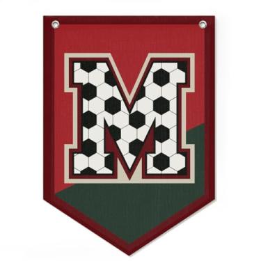 Imagem de Bandeira de futebol letra M, arte de parede, decoração de quarto de meninos, bandeira de galhardete com nome vintage para berçário, quarto, sala de jogos, decoração de parede de berçário, presentes