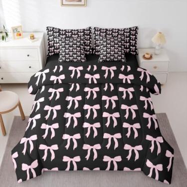 Imagem de Erosebridal Conjunto de edredom casal com laço rosa Coquete, 7 peças em uma bolsa, lençol com nó de laço e fronhas, conjunto de cama kawaii sonhador, decoração de quarto,