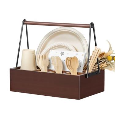 Imagem de PTSTING Organizador de talheres com alça, suporte de utensílios de madeira de acácia, dispensador de pratos de papel para bancada, talheres, garfos, pratos, copos, guardanapos