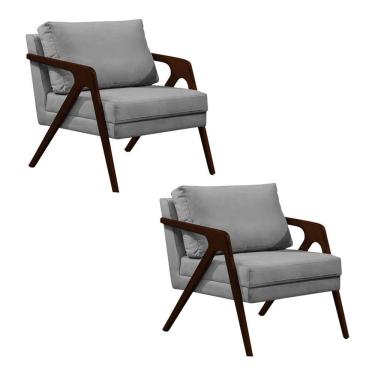 Imagem de Kit 2 Poltronas Mona Monique Luxo Base Madeira Maciça Castanho Veludo Cinza