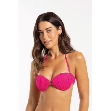 Imagem de Top Biquíni Meia Taça Franzido com Argola Liso - Cor De Cacau, M, Pink