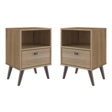 Imagem de Kit 02 Mesa De Cabeceira Nicho 39cm Com Gaveta E Pés Palito Retrô Oak