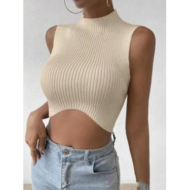 Imagem de Colete De Suéter Cropped Feminino Sem Mangas Com Gola Alta Em Tricô Ca