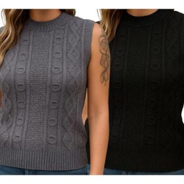 Imagem de Kit 2 Blusas Tricô FMF Sem manga Preta e Chumbo Sem Manga Básica Casual-Feminino