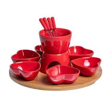 Imagem de Jogo de 14 Peças Fondue Chocolate Cerâmica Bambu Vermelho -Fracalanza,