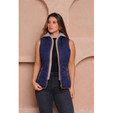 Imagem de Colete Puffer Forrado Acolchoado com Capuz em Moletom Cor:Azul Marinho
