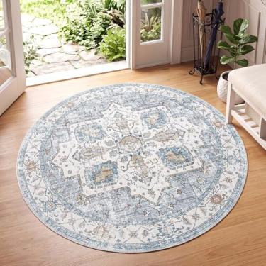Imagem de JINCHAN Tapete redondo Tapete de área de 1,5 m para corredor persa vintage tapete circular interno 12 x 12 cm cinza multi tapete de cozinha tapete fino cinza estampa floral tapete retrô antiderrapante sala de estar quarto sala de jantar