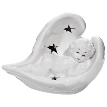 Imagem de   Anjo Enfeite Imagem De Anjinho Com LED Porcelana Branco  - M3 Decora