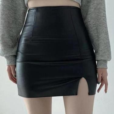 Imagem de Saia Mini De Couro PU Preta Para Mulheres, Cintura Alta, Fenda Lateral