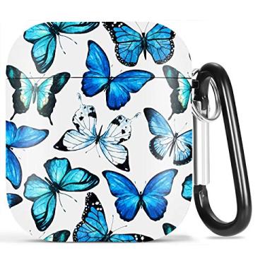 Imagem de Capa para AirPods Butterfly, Olytop Capa protetora rígida fofa para Apple Airpods 2 e 1 capa à prova de choque para mulheres meninas com chaveiro para Apple AirPods 2ª 1ª geração - borboletas azuis