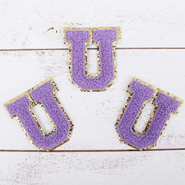 Imagem de Pacote com 3 adesivos de Chenille Iron On Glitter Varsity Letter "U" - Tecido de chenille lavanda com acabamento em glitter dourado - Costurar ou passar - 5,5 cm de altura