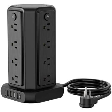 Imagem de Protetor contra surtos de torre com 16 tomadas amplas 4 portas USB, estação de carregamento vertical 15A 1875W, cabo de extensão de 1,5 m, plugue plano, interruptor individual, 1080J, proteção contra