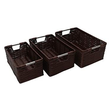Imagem de Mimo Style Conjunto de 3 Cestos Retangulares de Rattan Sintético Com Alça de Metal. Extremamente Resistente e Durável Adequado Para Uso Interno e Externo, Adequado Para Locais Úmidos