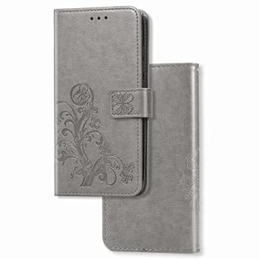 Imagem de BoerHang Capa para HTC Wildfire E Plus, capa de couro tipo carteira flip com compartimento para cartão, couro PU premium, capa de telefone com suporte para HTC Wildfire E Plus. (cinza)