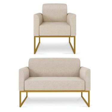 Imagem de Kit 01 Namoradeira 02 Lugares e 01 Poltrona Marisa Linho Base Industrial Metálica Dourado - D`Rossi