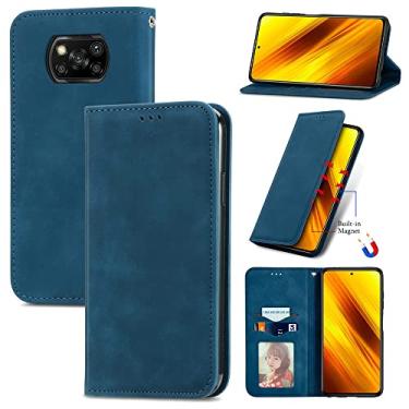 Imagem de Capas de telefone magnéticas com sensação de pele compatíveis com Xiaomi Poco X3 NFC capa de couro slots de cartão de visita de luxo clipe de carteira à prova de choque (azul, Xiaomi Poco X3 NFC)