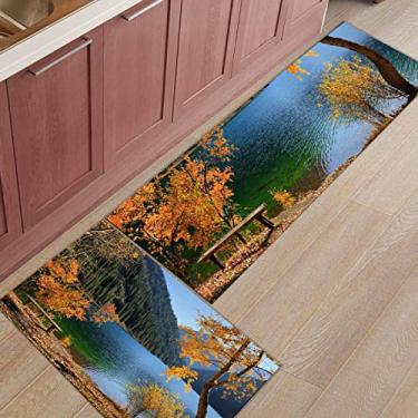 Imagem de Tapete de cozinha corredor, outono lago montanha árvore folhas de bordo cenário natural antiderrapante tapete de porta tapete tapete tapete para lavanderia cabeceira banheiro quarto conjunto de 2