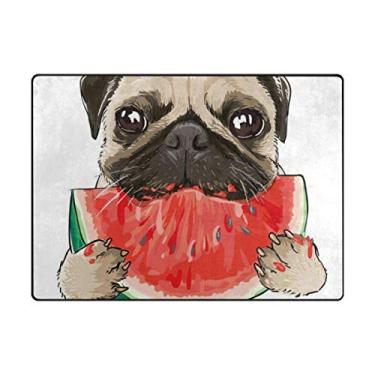 Imagem de ColourLife Tapetes macios e leves Tapete divertido de melancia comendo cachorro pug para crianças, sala de jogos, piso de madeira, sala de estar, 203 x 147 cm