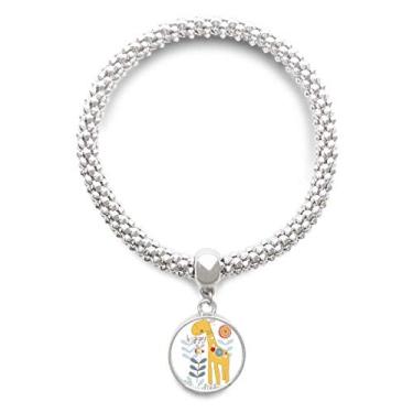 Imagem de DIYthinker Bracelete com pingente de girafa de desenho animado amarelo aniamal prata joia corrente ajustável