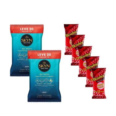 Imagem de Kit Preservativo Blowtex Morango 60 un. + Lenços Umedecidos Skyn 40 un. 